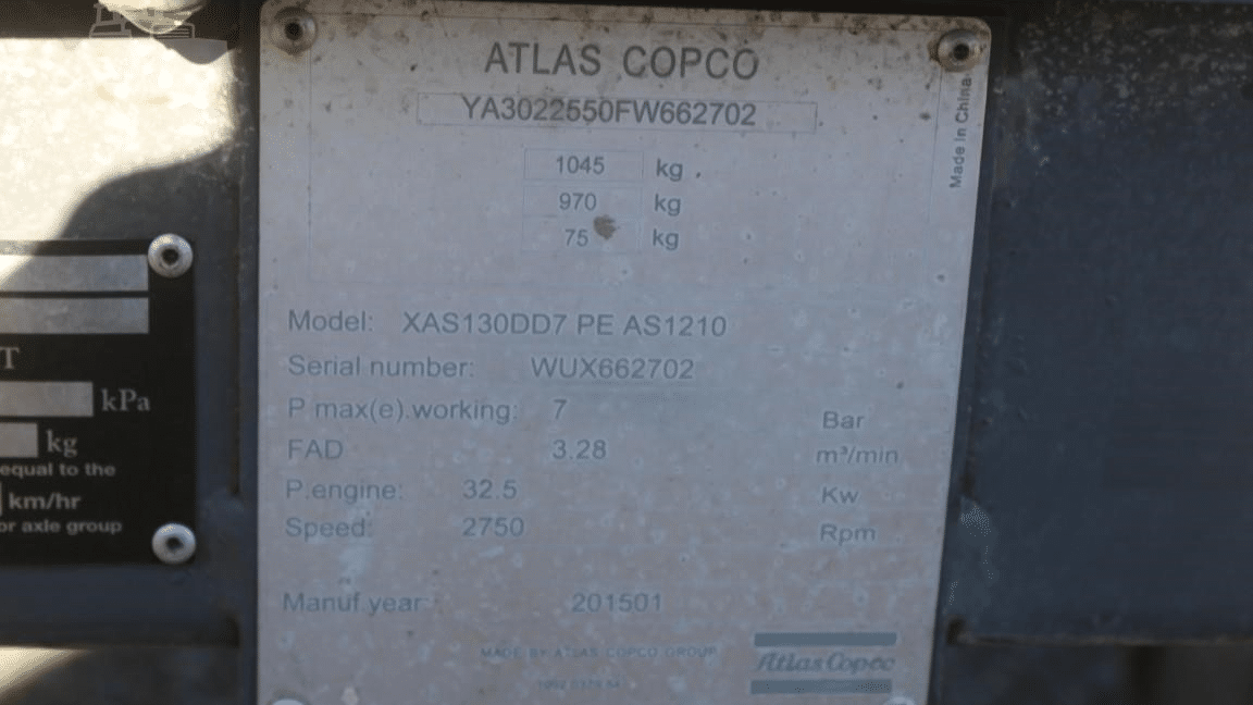 2015 Used Atlas Copco XAS130DD7 Air Compressors