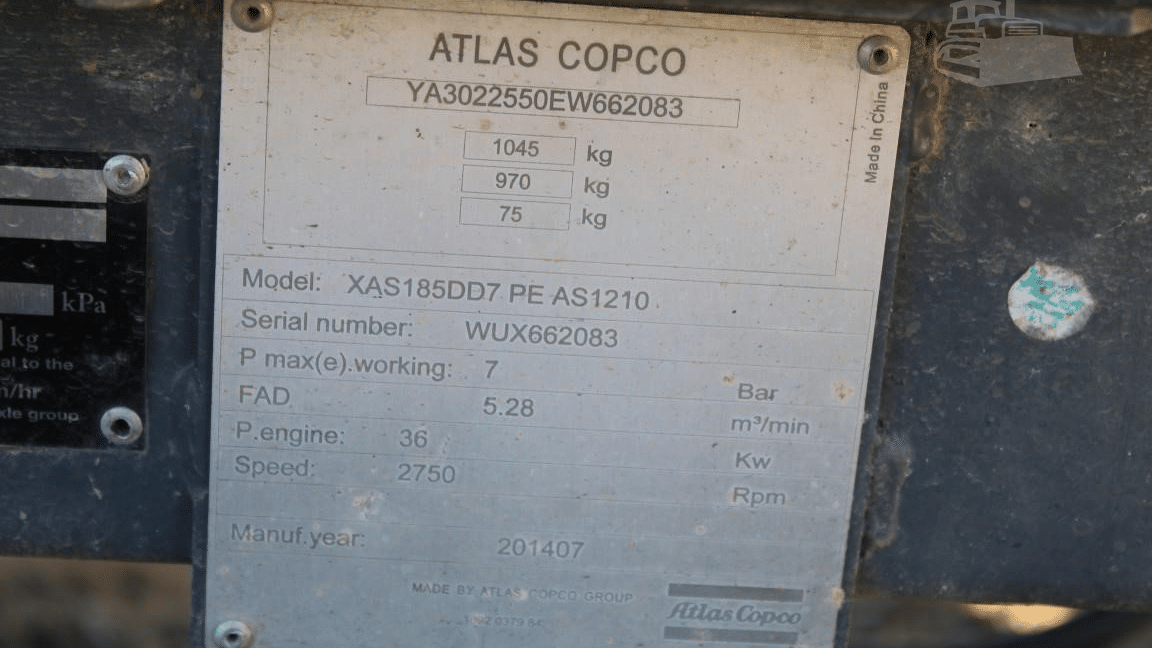 2014 Used Atlas Copco XAS185DD7 Air Compressors