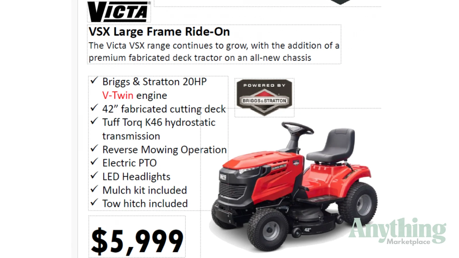 Victa VSX 42\", Large Frame Garden Tractor